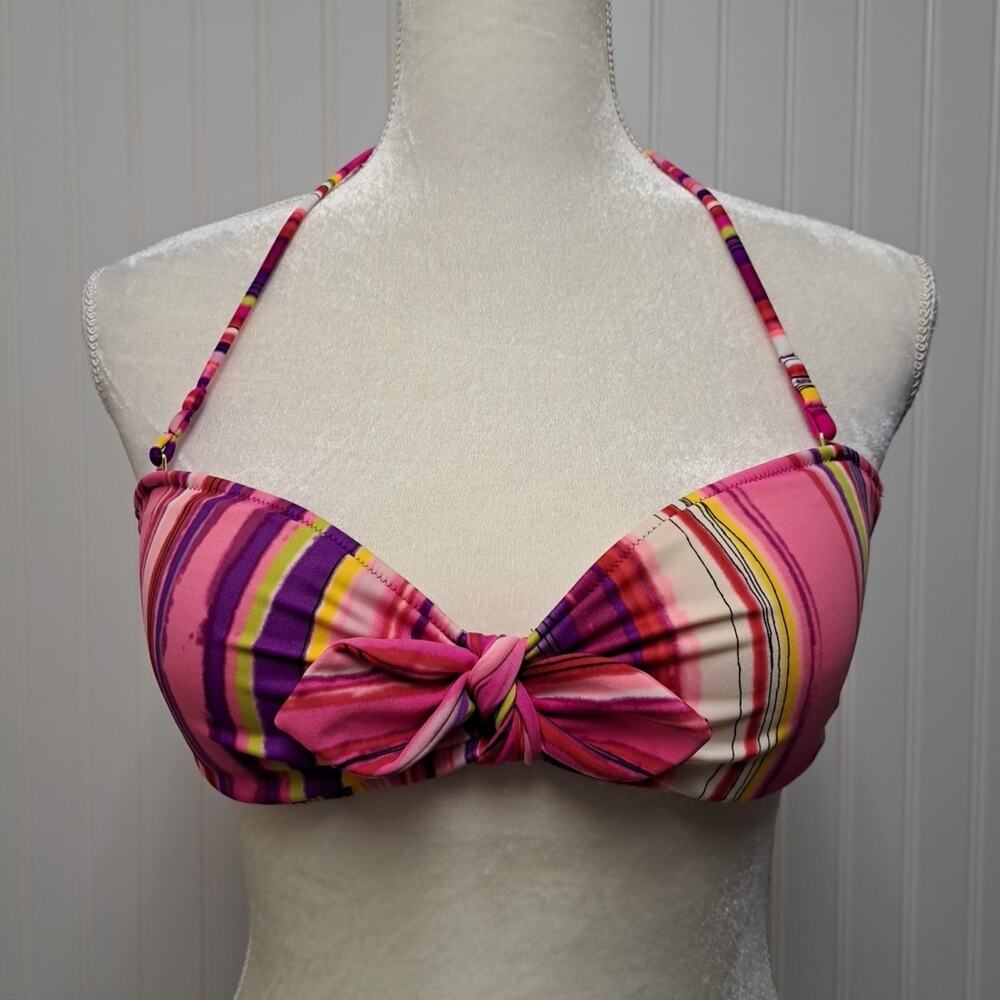 Victorias Secret Bikini Top Womens Medium M Pink Striped Halter Strapless Swim